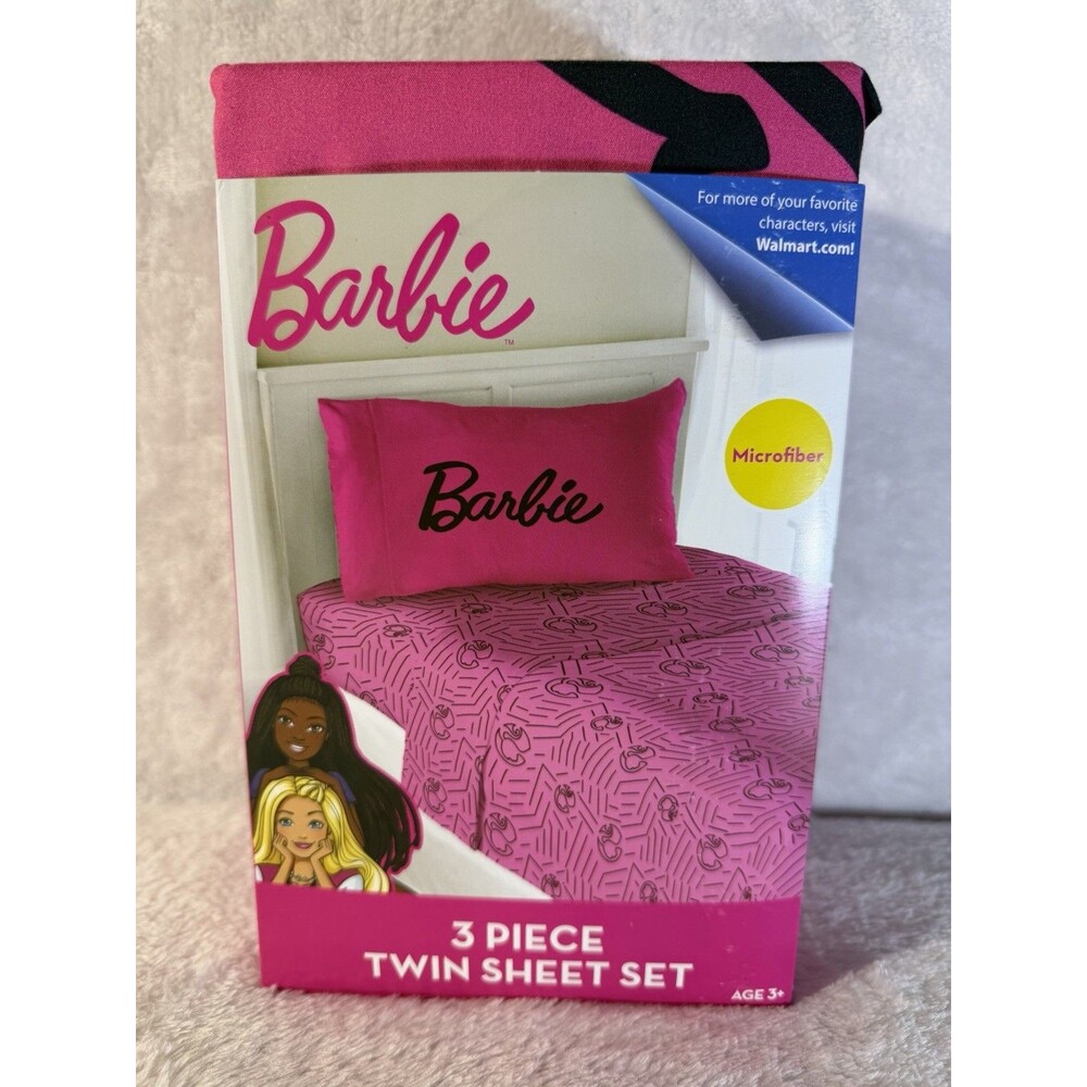 Barbie Twin Sheet Set 3 Piece Pink Microfiber Fitted Flat Sheet Pillowcase